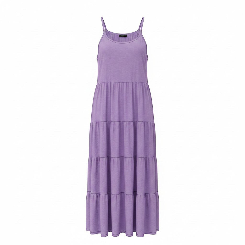 Chic Collective purple tiered maxi dress with spaghetti straps and a flowing silhouette, perfect for versatile styling.