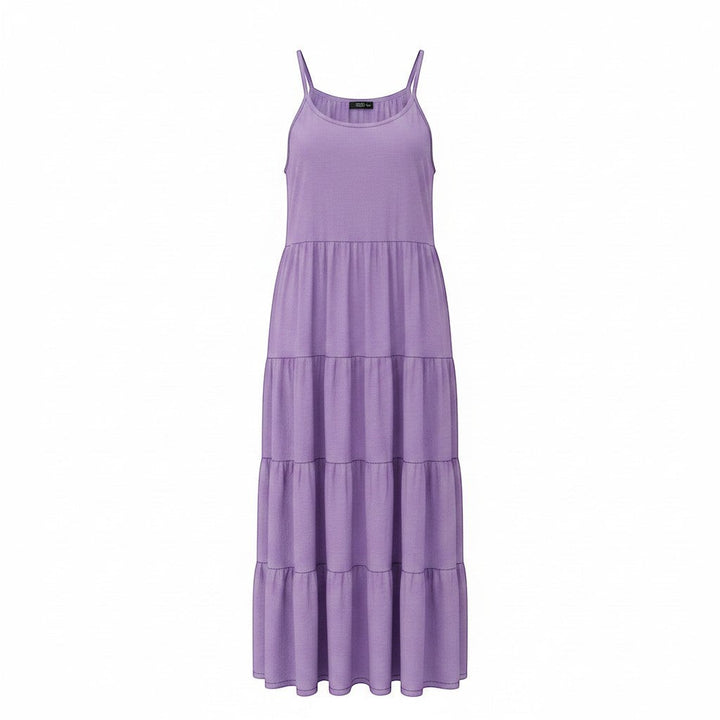 Chic Collective purple tiered maxi dress with spaghetti straps and a flowing silhouette, perfect for versatile styling.