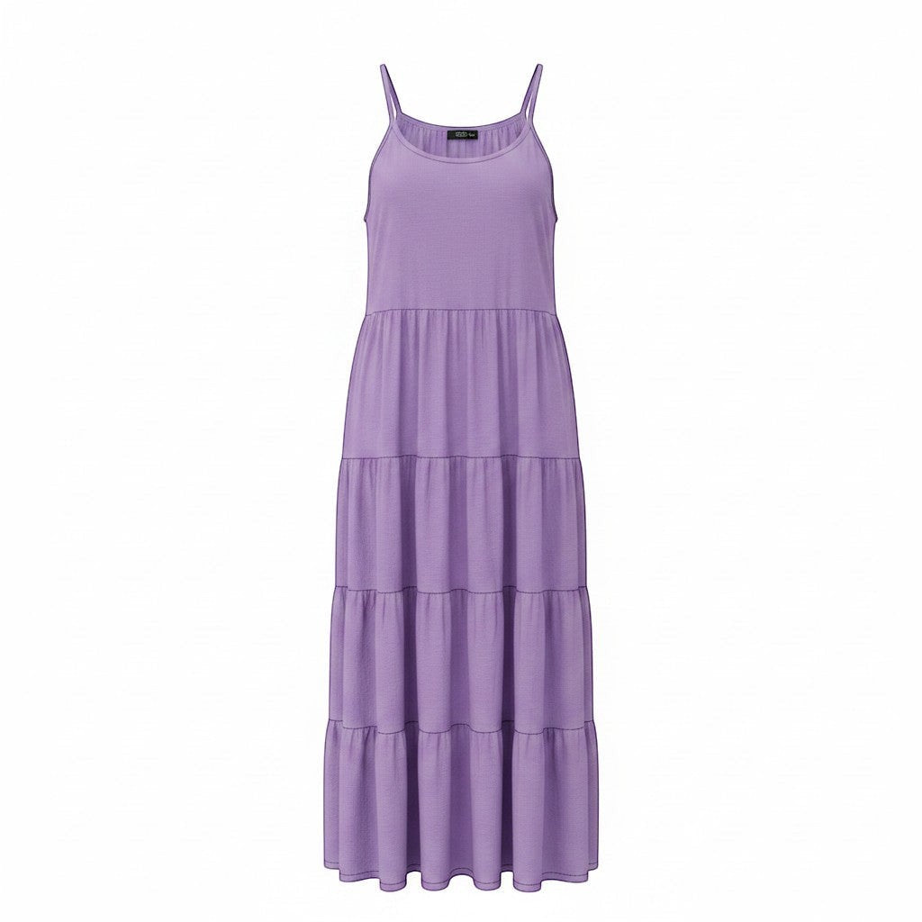 Chic Collective purple tiered maxi dress with spaghetti straps and a flowing design, perfect for casual or formal wear.
