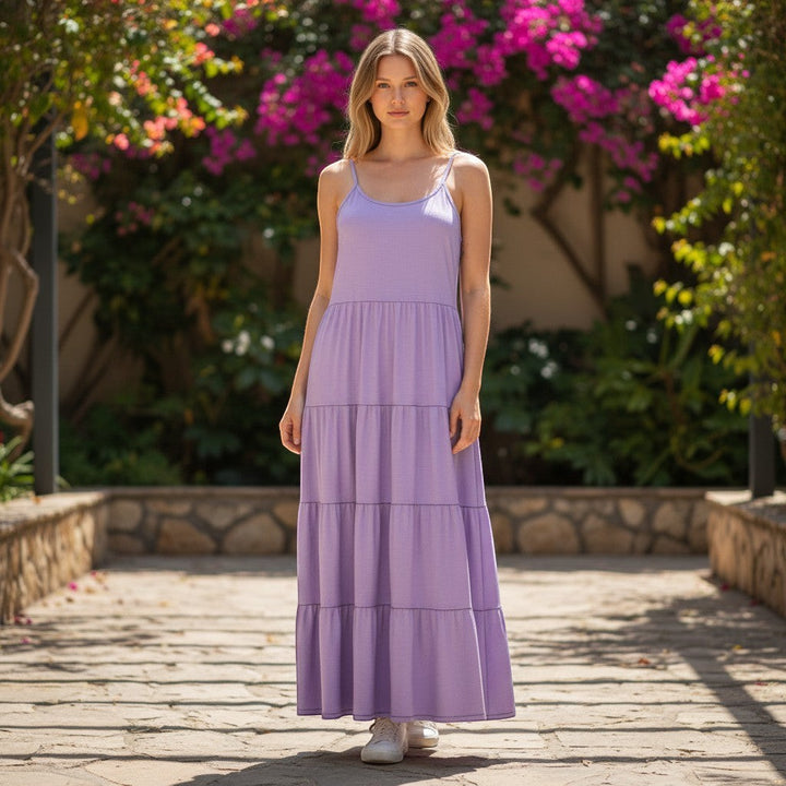 Chic Collective purple tiered maxi dress with spaghetti straps, perfect for casual or formal wear.