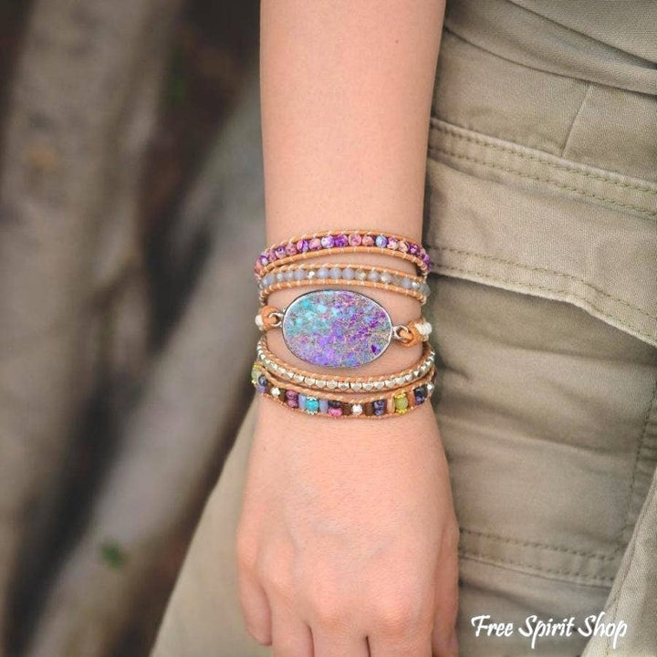 Chic Collective handmade wrap bracelet with purple and turquoise jasper stone, genuine leather, and mixed beads.