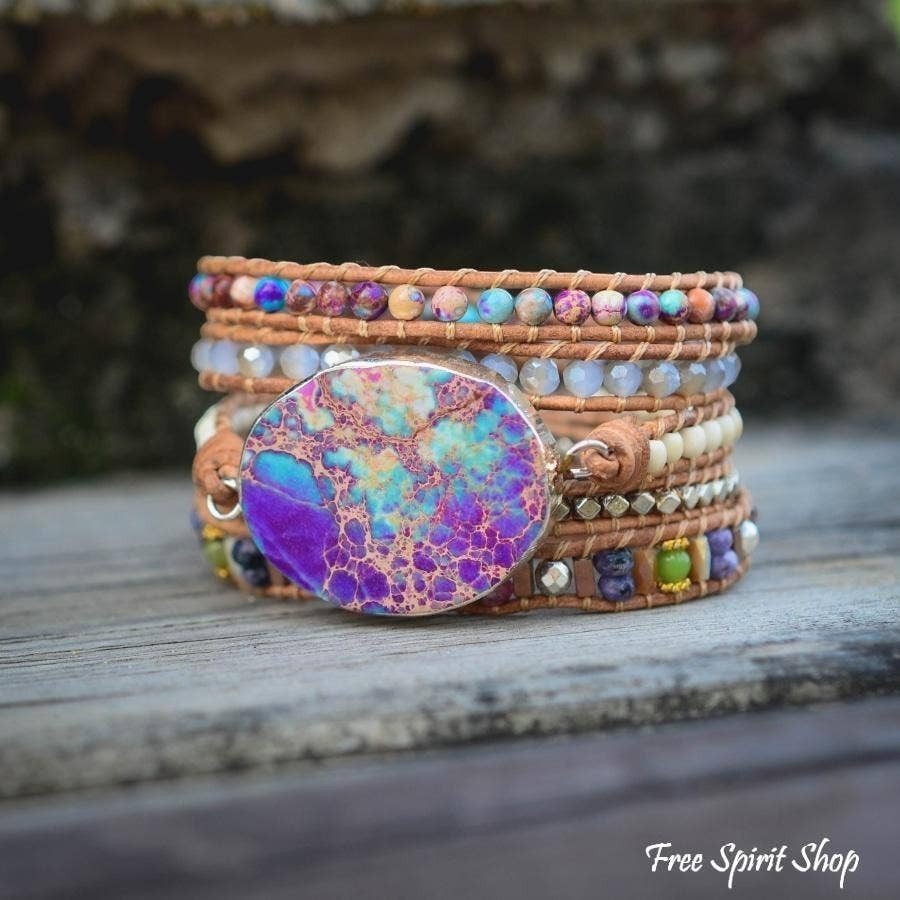 Chic Collective handmade wrap bracelet with purple and turquoise jasper stone, natural beads, and genuine leather.