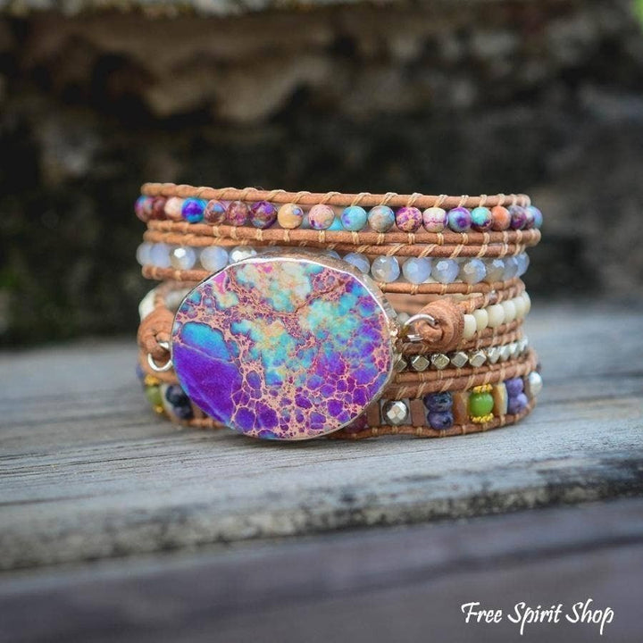 Chic Collective handmade wrap bracelet with purple and turquoise jasper stone, natural beads, and genuine leather.