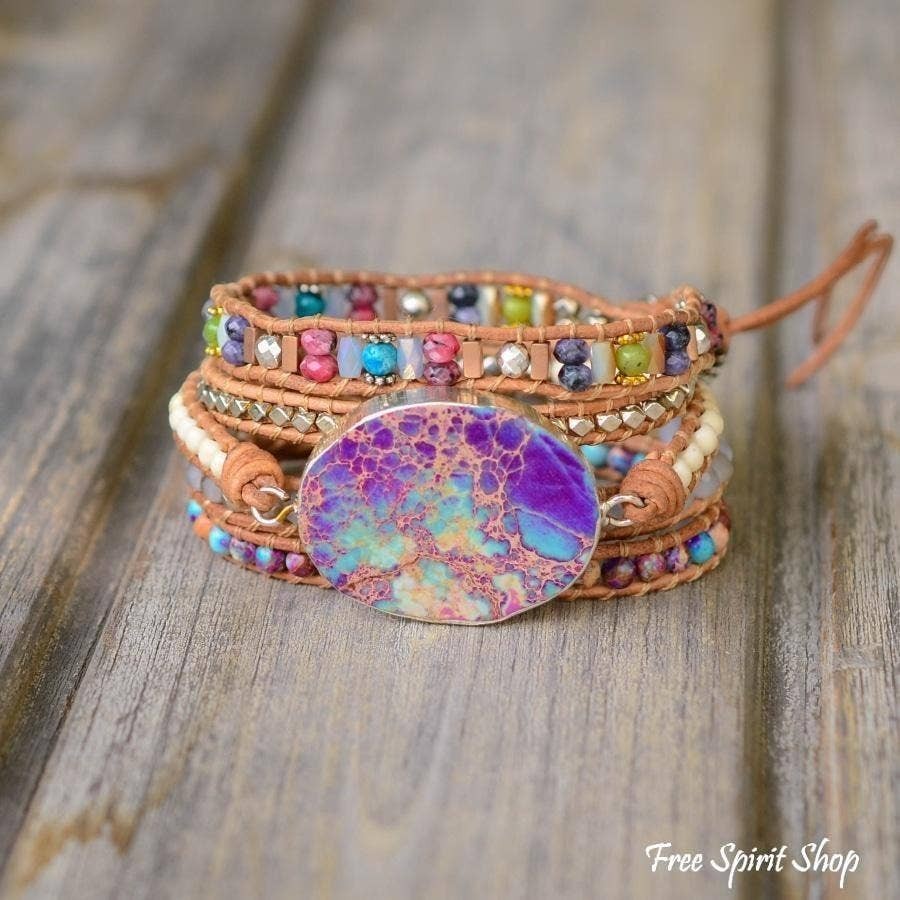 Chic Collective handmade purple and turquoise jasper wrap bracelet with genuine leather and mixed beads.