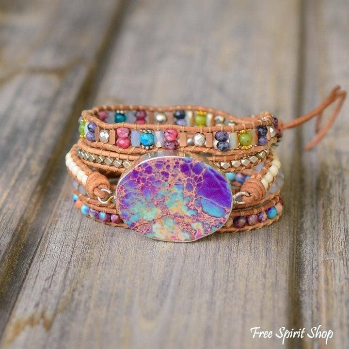Chic Collective handmade purple and turquoise jasper wrap bracelet with genuine leather and mixed beads.
