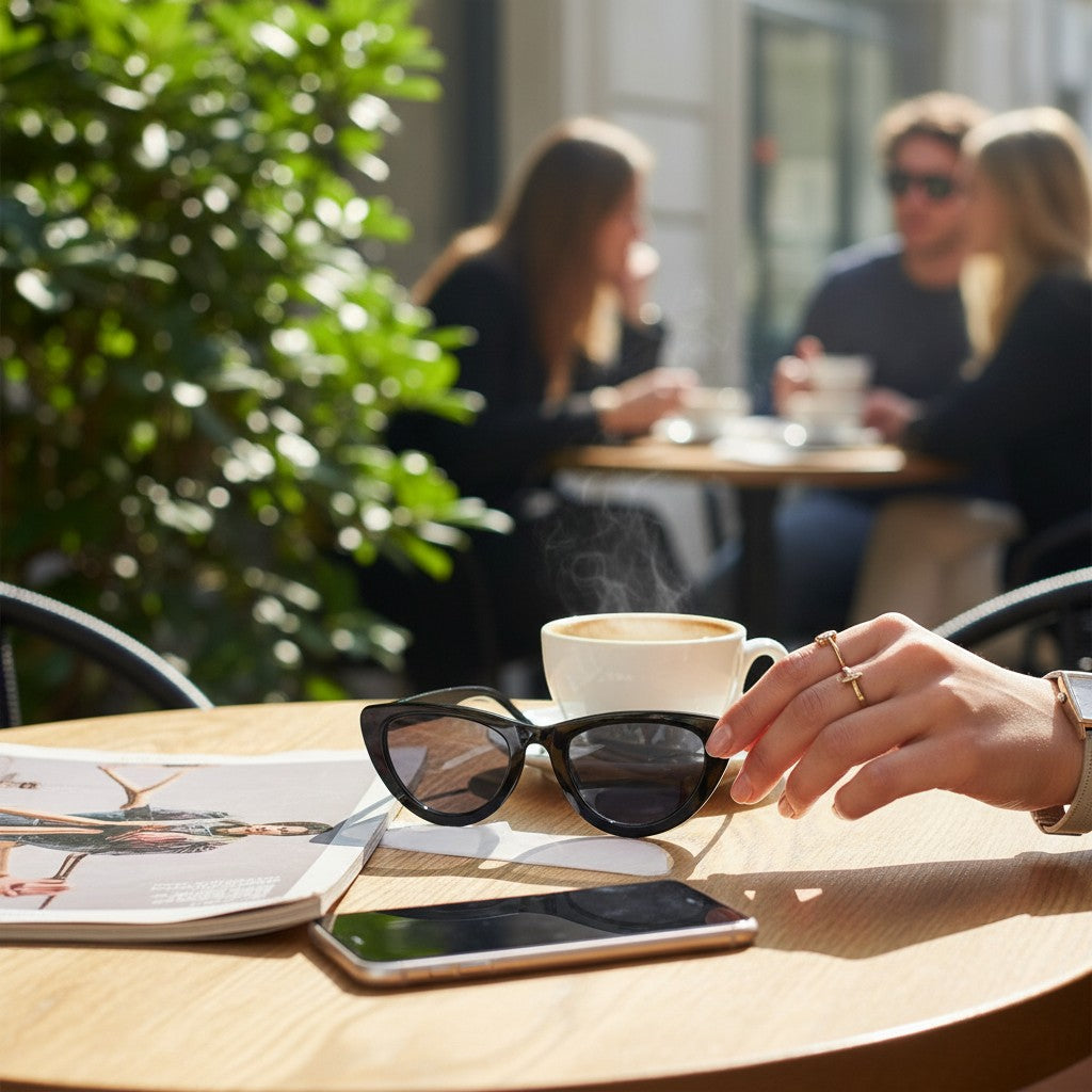 Chic Collective Ramie Retro Shades sunglasses with black frames and dark lenses on a table with a magazine and phone.