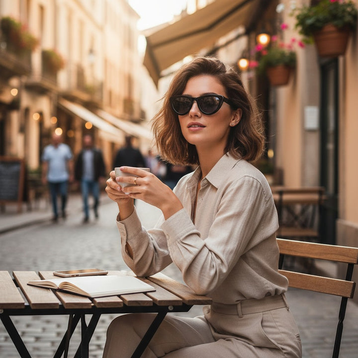 Chic Collective Ramie Retro Shades sunglasses on a woman sitting at an outdoor cafe table.