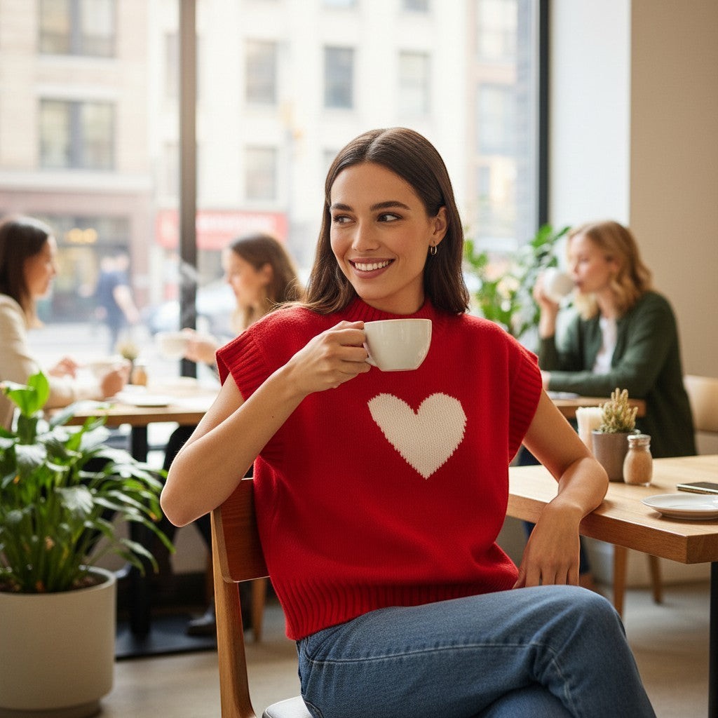 Chic Collective red knit sleeveless sweater with white heart detail, size S. Model holds a coffee cup.