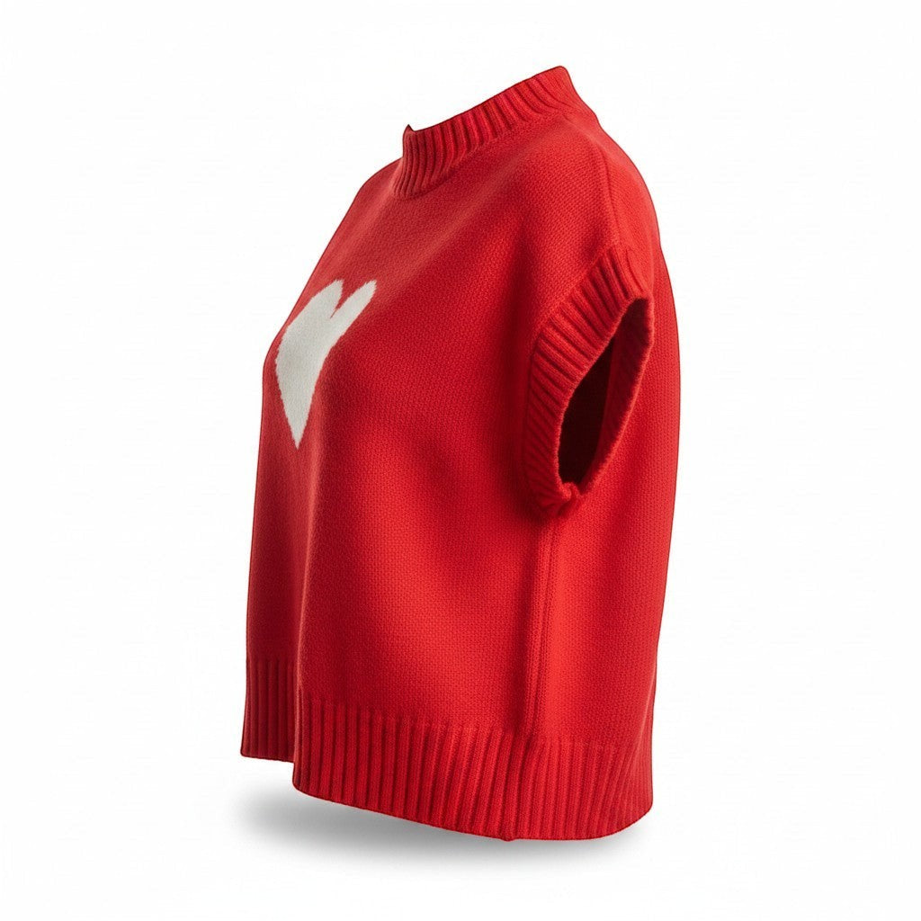 Chic Collective red knit sweater vest with white heart graphic, mock neck, sleeveless, ribbed hem and cuffs. Size L.
