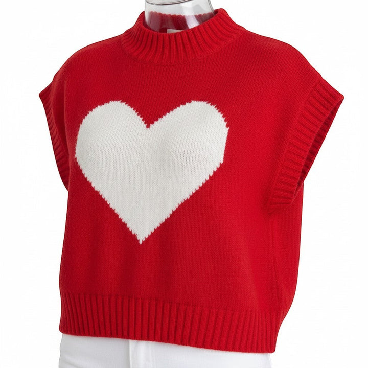 Chic Collective red knit sweater vest with white heart graphic, mock neck, sleeveless, size L