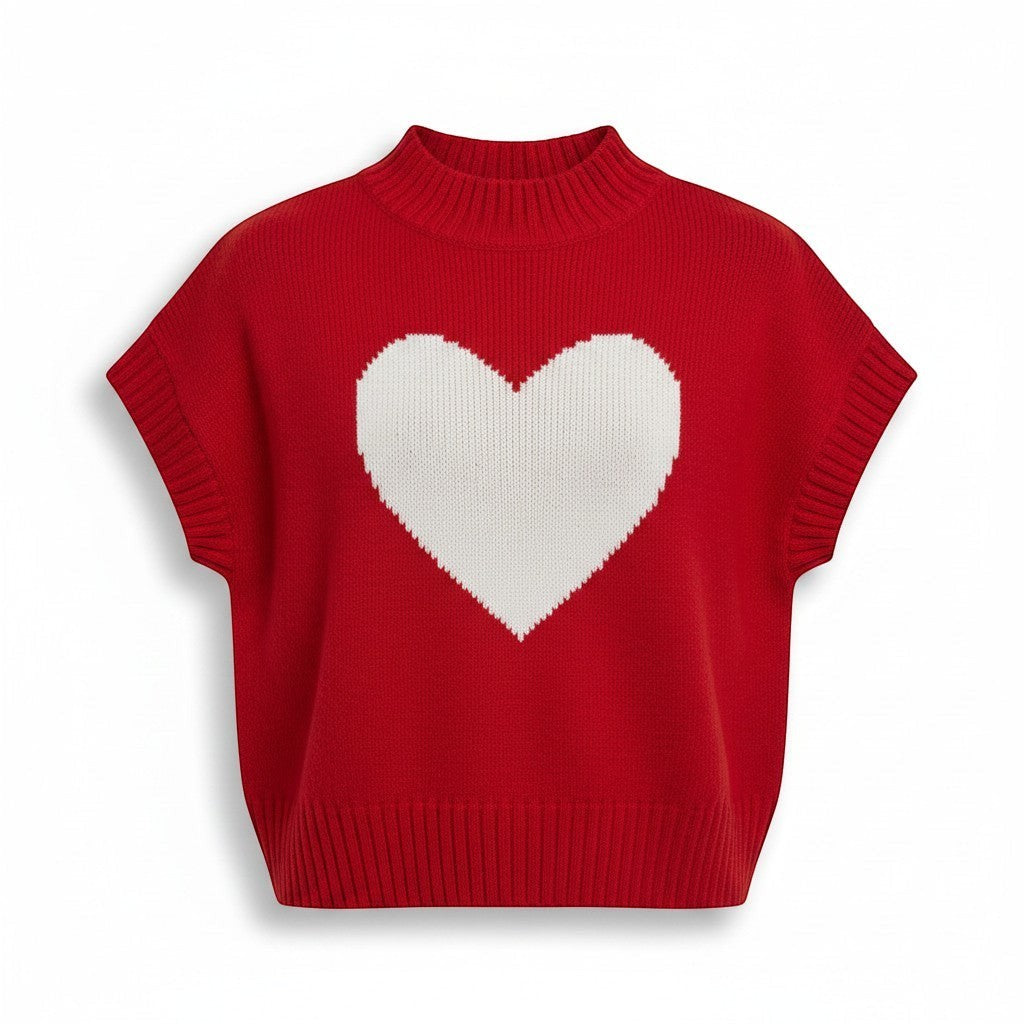Chic Collective red knit sweater vest with a large white heart graphic and mock neck. Size L.