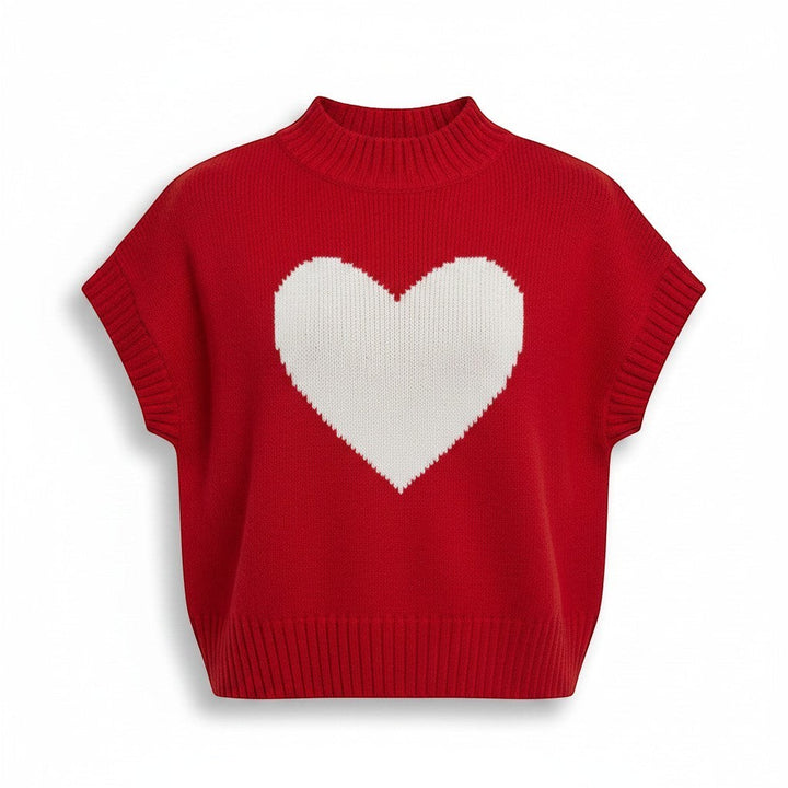 Chic Collective red knit sweater vest with a large white heart graphic and mock neck. Size L.