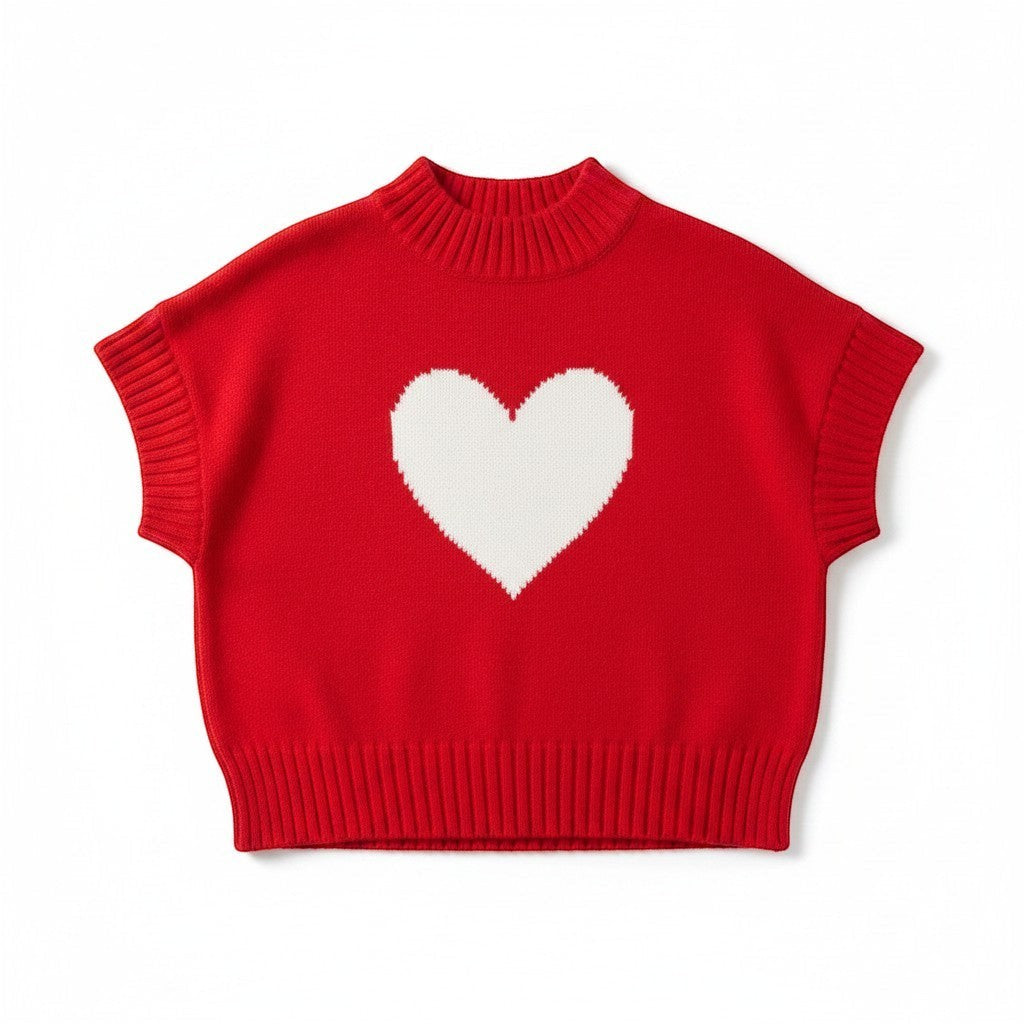 Chic Collective red knit sweater vest with white heart graphic, size M.