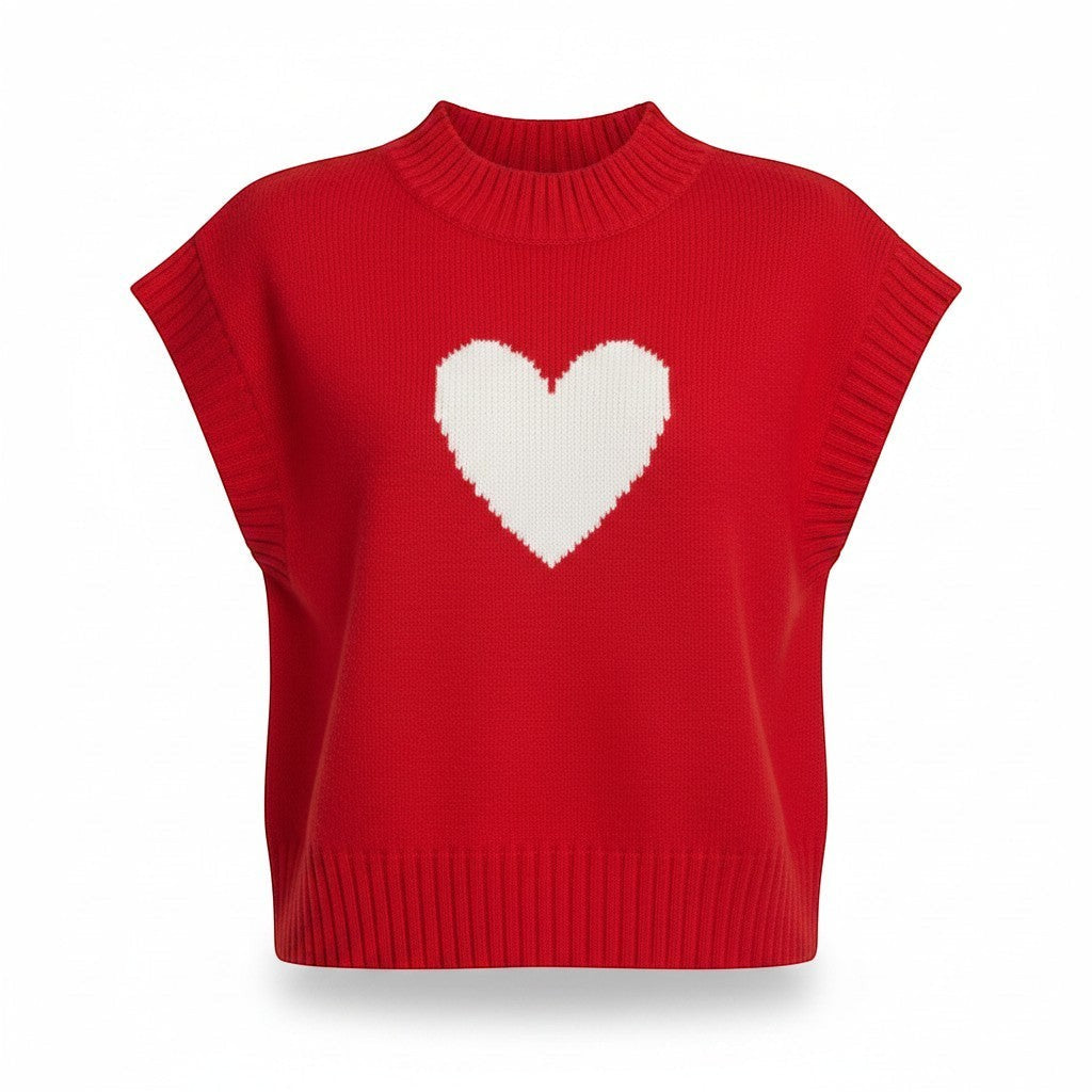 Chic Collective red knit sleeveless sweater with a white heart graphic and mock neck. Size M.