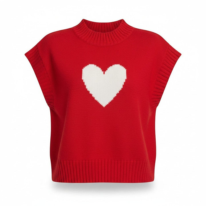 Chic Collective red knit sleeveless sweater with a white heart graphic and mock neck. Size M.