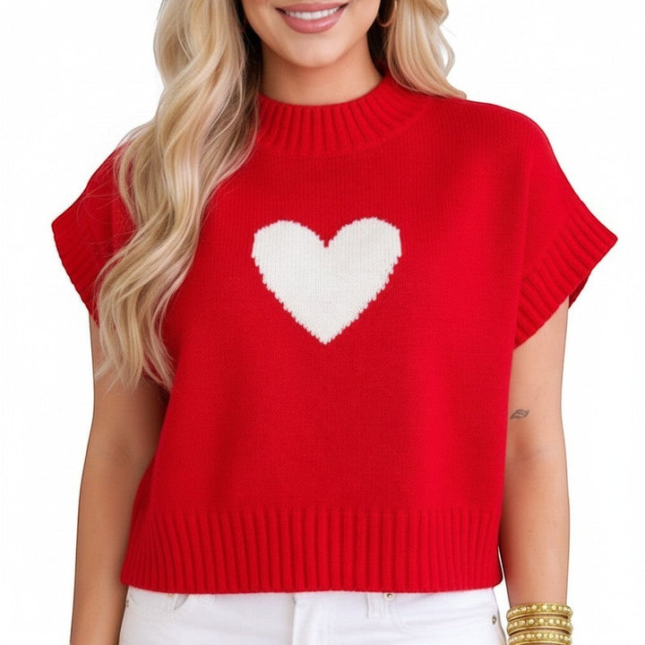 Chic Collective red knit sweater vest with white heart graphic, mock neck, and cap sleeves. Size S.