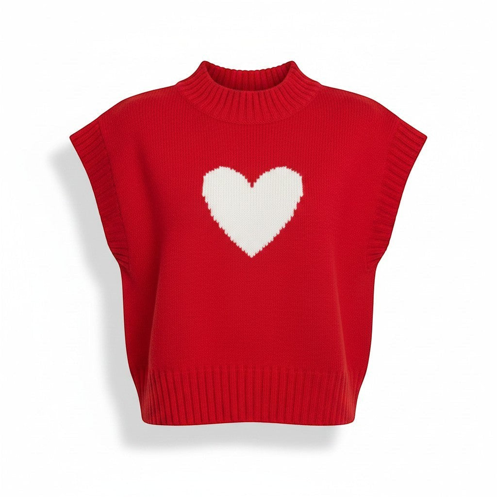Chic Collective red knit sleeveless sweater vest with white heart graphic and mock neck. Size S.