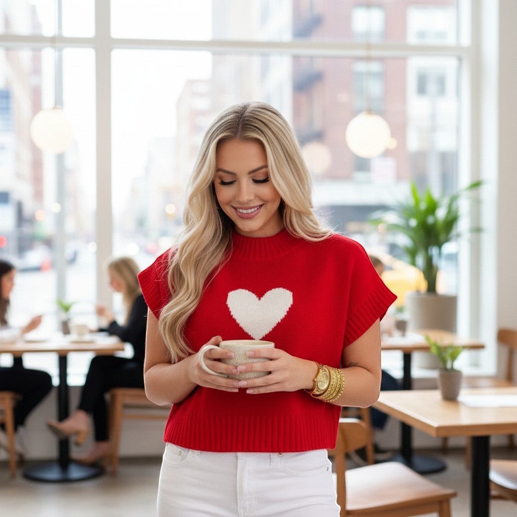 Chic Collective red knit sweater vest with white heart graphic, short sleeves, mock neck, size S.