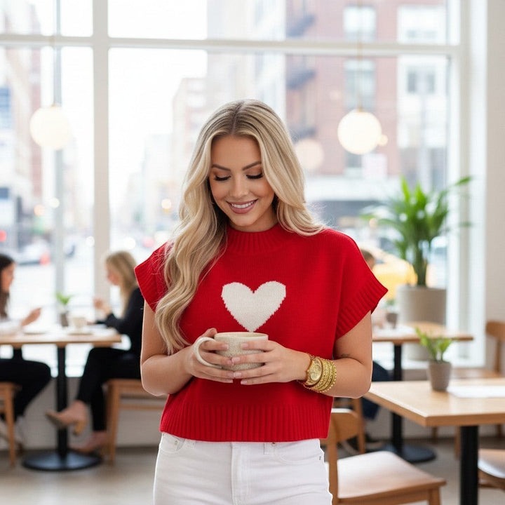 Chic Collective red knit sweater vest with white heart graphic, short sleeves, mock neck, size S.