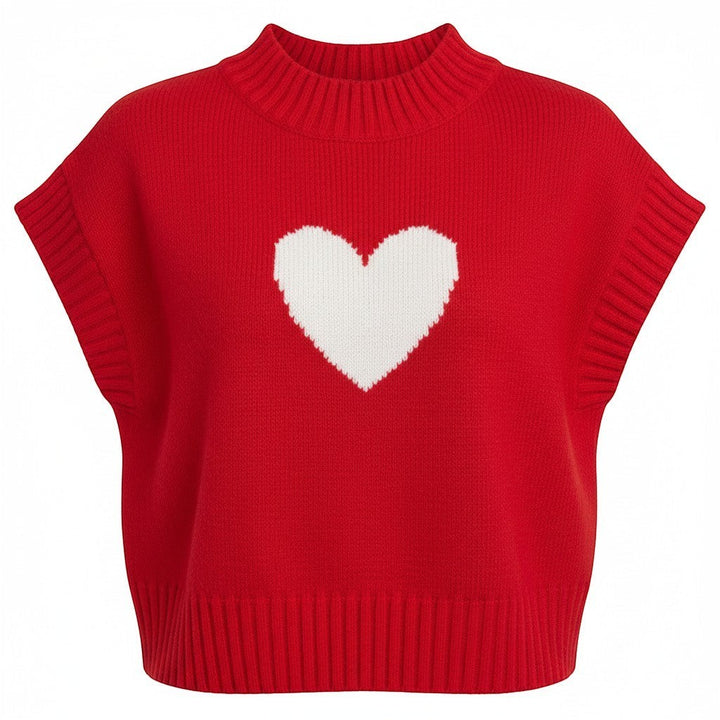 Chic Collective red knit sweater vest with white heart graphic and mock neck, size XL.