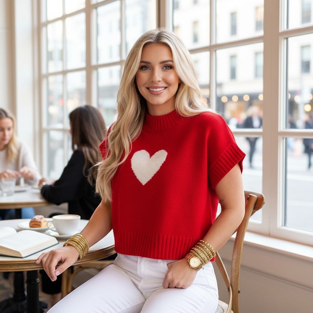 Chic Collective red knit sweater with white heart graphic, short sleeves, crew neck, size XL.