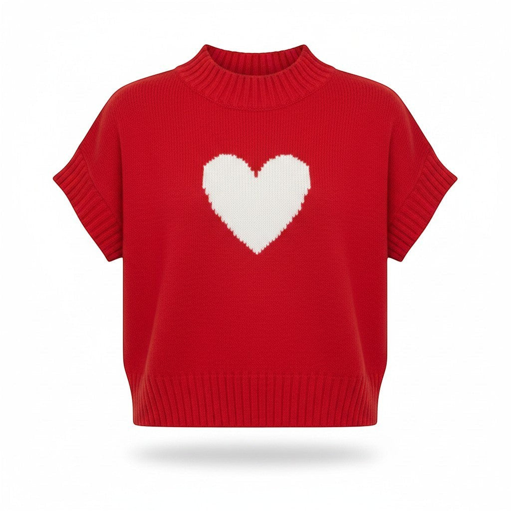 Chic Collective red knit sweater with short sleeves and a white heart graphic. Mock neck and ribbed hem.