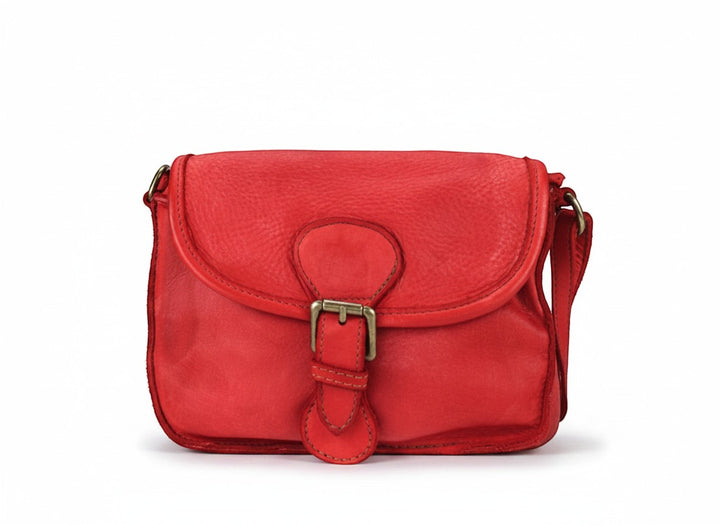 Chic Collective Ruthie red Italian leather crossbody bag with adjustable strap and buckle closure.