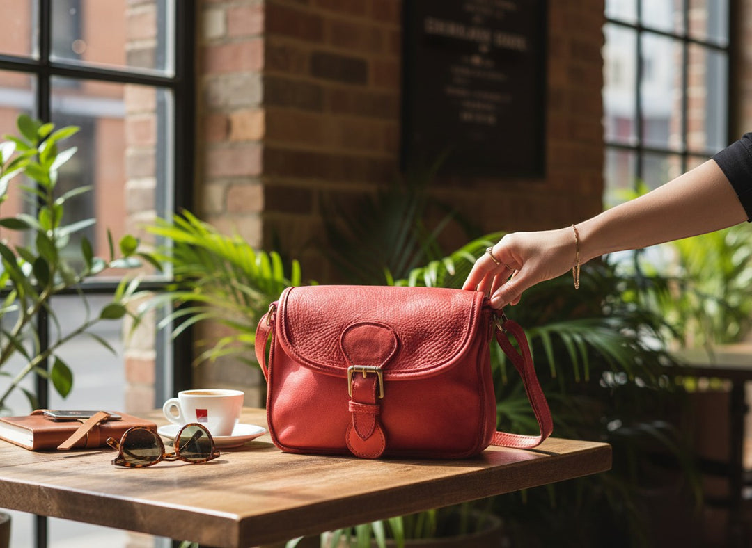Chic Collective Ruthie red Italian leather crossbody bag with adjustable strap, front buckle, and zippered pockets.