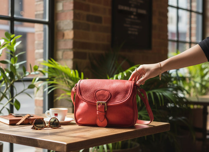 Chic Collective Ruthie red Italian leather crossbody bag with adjustable strap, front buckle, and zippered pockets.