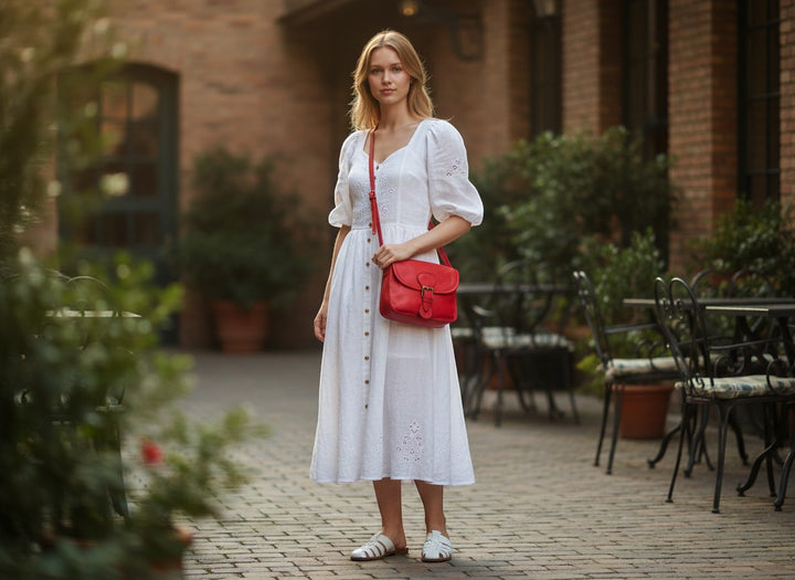 Chic Collective Ruthie red Italian leather crossbody bag with adjustable strap and buckle closure.