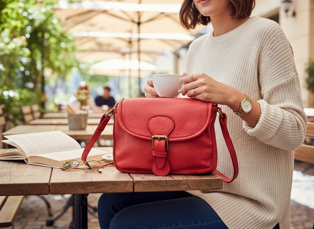 Chic Collective Ruthie red Italian leather crossbody bag with adjustable strap and buckle closure.