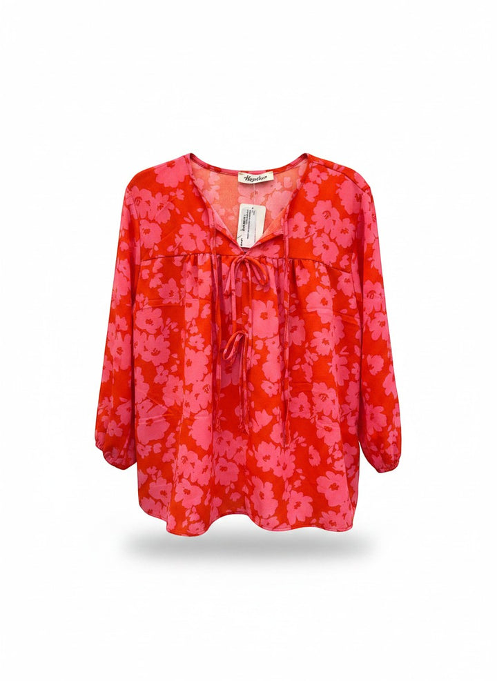 Chic Collective red and pink floral print tie-neck blouse with 3/4 sleeves.
