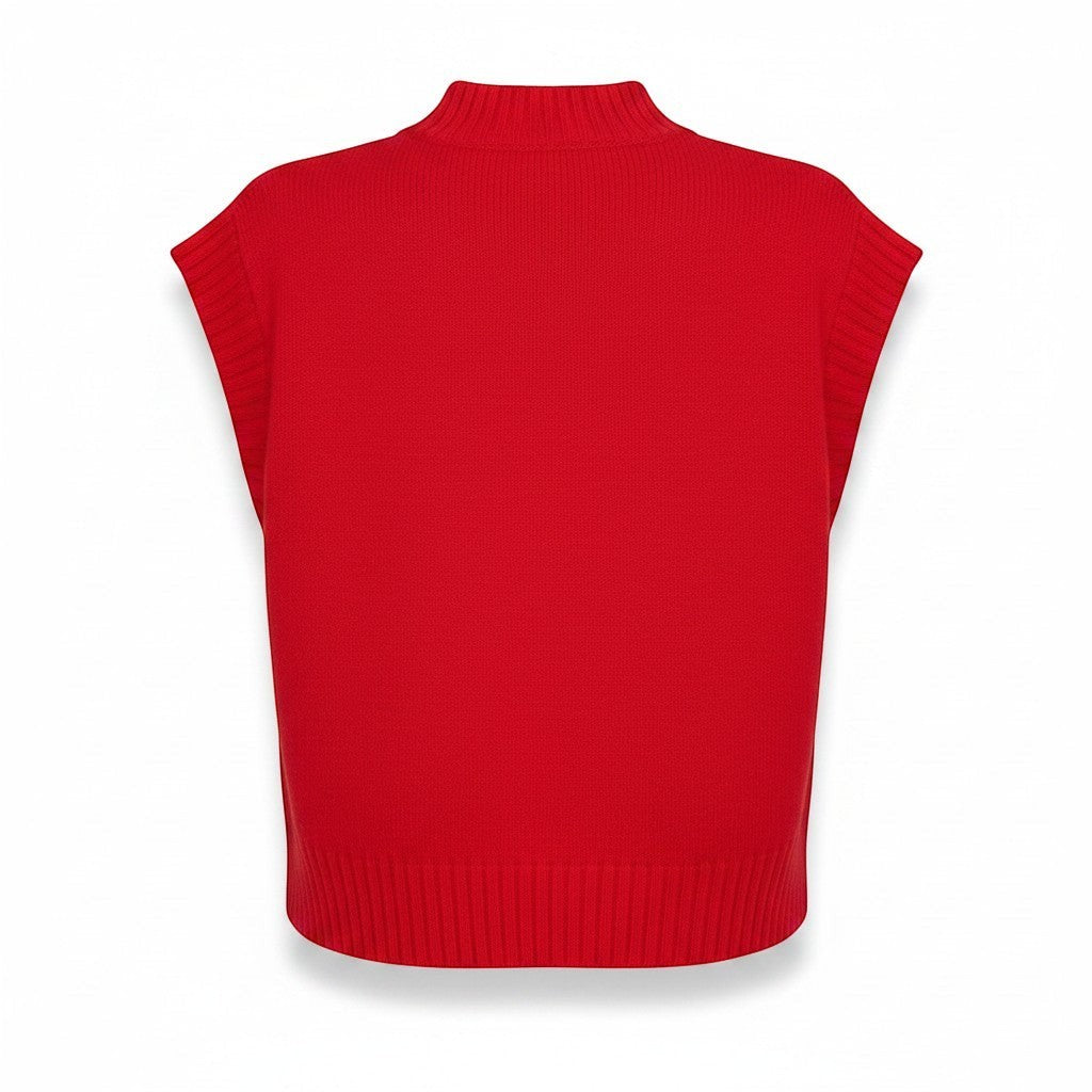 Chic Collective red knit sleeveless mock neck sweater, size L. Ribbed hem and mock neck detail.