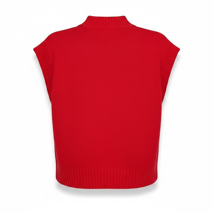 Chic Collective red knit sleeveless mock neck sweater, size L. Ribbed hem and mock neck detail.