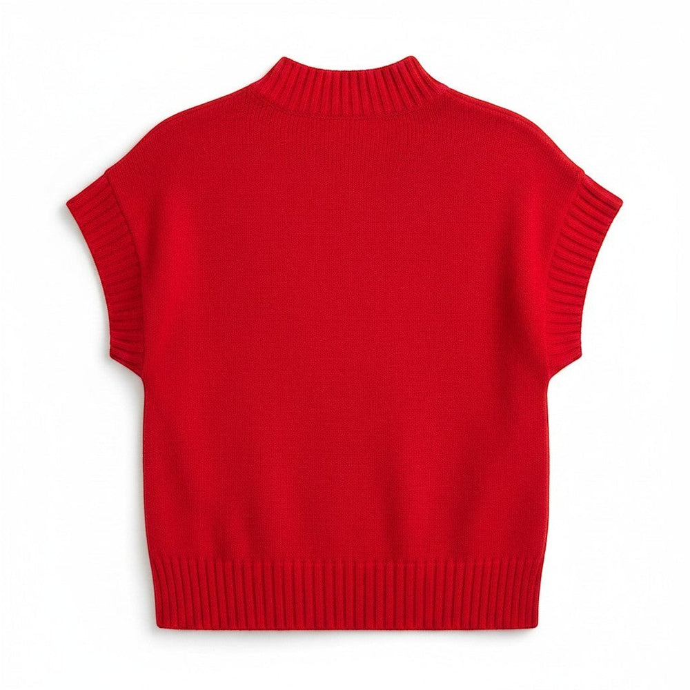 Chic Collective red knit sleeveless mock neck sweater, size M. Ribbed cuffs, hem, and neckline.