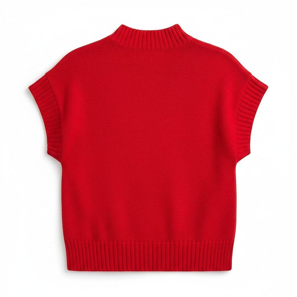 Chic Collective red knit sleeveless mock neck sweater, size M. Ribbed cuffs, hem, and neckline.