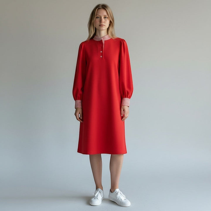 Chic Collective red midi dress with puff sleeves, button neckline, and red/white striped collar and cuffs.