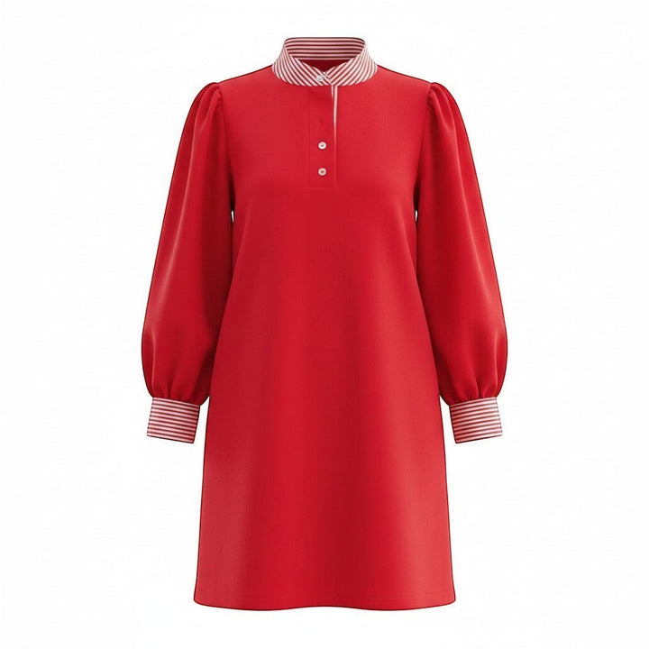 Chic Collective red dress with puff sleeves, featuring a contrasting red and white striped polo collar and cuffs. Two white buttons at the neckline.