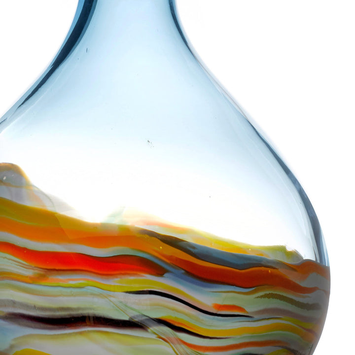 Chic Collective Rhian round hand-blown glass vase with colourful agate-like swirls at the base.