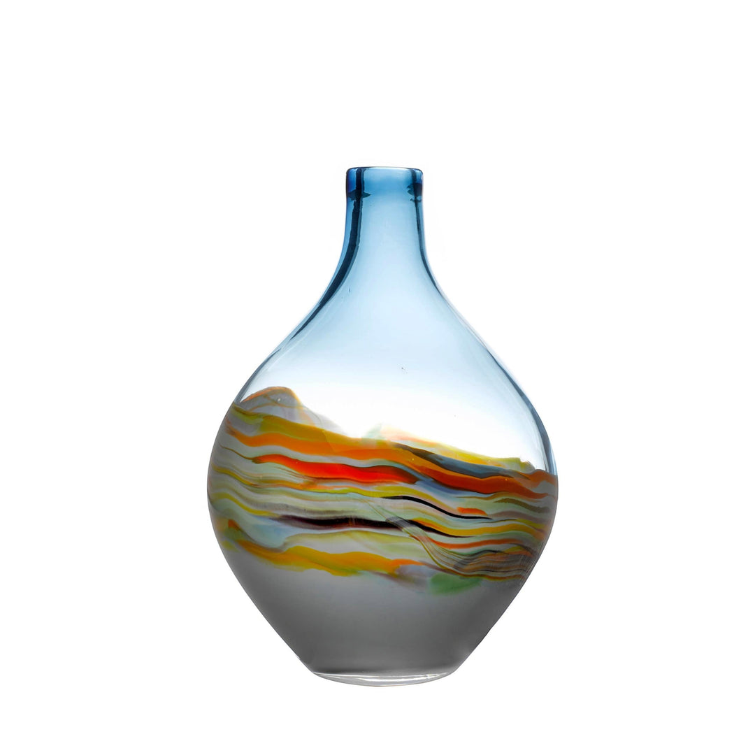 Chic Collective Rhian hand-blown glass vase with blue neck and painterly waves of orange, yellow, and white.