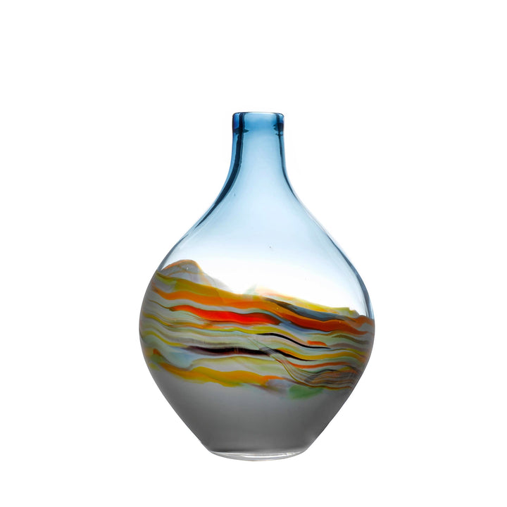 Chic Collective Rhian hand-blown glass vase with blue neck and painterly waves of orange, yellow, and white.