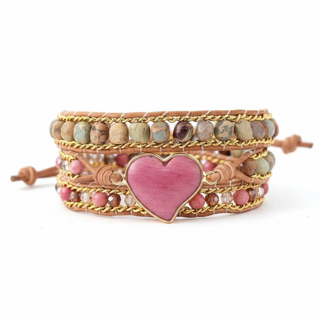 Chic Collective boho wrap bracelet with rhodonite heart, jasper, and crystal beads on genuine leather.