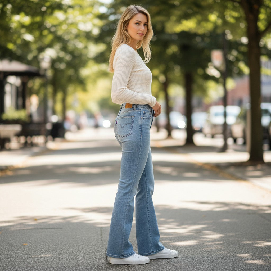 Chic Collective Risen Mid Rise Frayed light wash denim flare jeans size 11 worn by a blonde model.