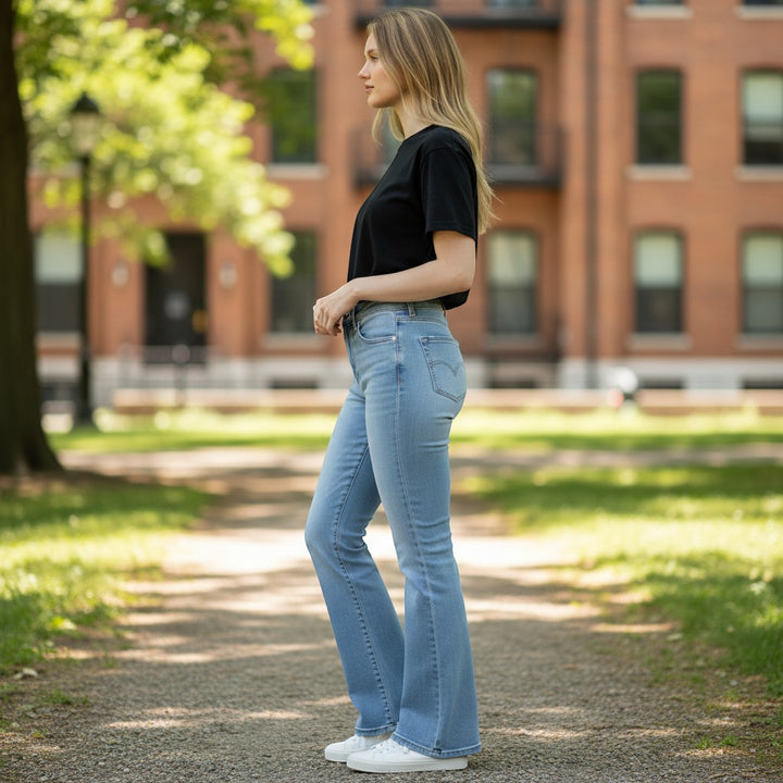 Chic Collective Risen Mid Rise Frayed jeans in light wash denim, size 7, with a flared leg and frayed hem.
