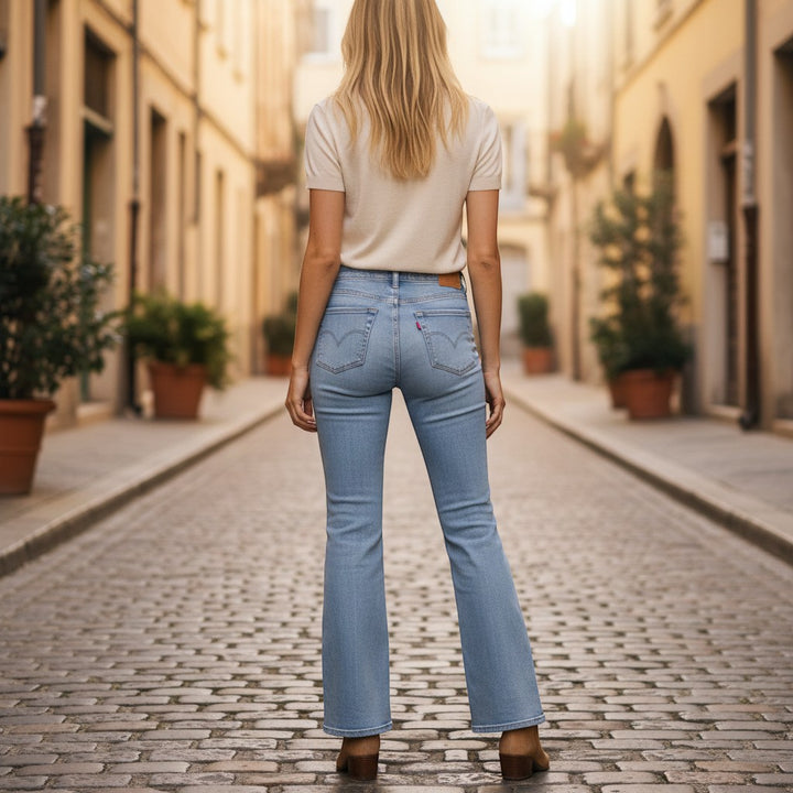 Chic Collective Risen Mid Rise Frayed jeans in light wash denim with a flared leg and raw hem.