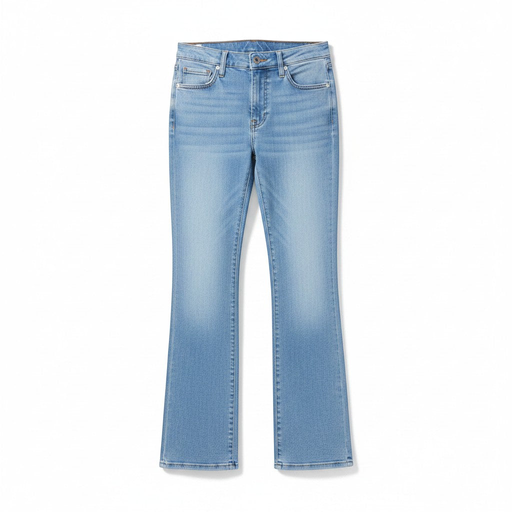 Chic Collective Risen Mid Rise Frayed jeans in light wash denim, size 7. Flared leg with a frayed hem.