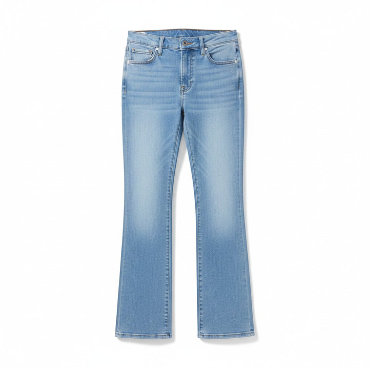 Chic Collective Risen Mid Rise Frayed jeans in light wash denim, size 7. Flared leg with a frayed hem.
