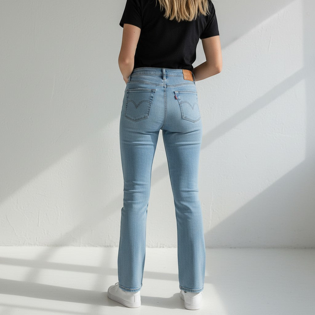 Chic Collective Risen Mid Rise Frayed light wash denim jeans with a slight flare and frayed hem. Model wears size 13.