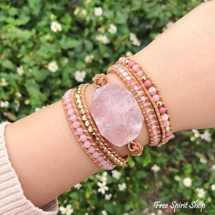 Chic Collective natural rose quartz heart chakra wrap bracelet on genuine leather with mixed beads and gold accents.