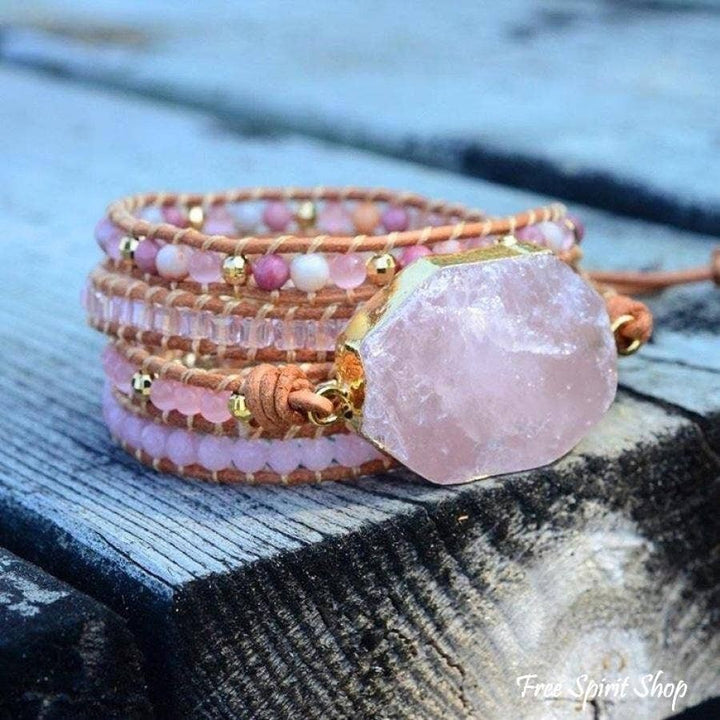 Chic Collective natural rose quartz heart chakra wrap bracelet with pink beads and genuine leather.